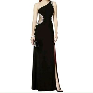 Betsy & Adam one shoulder black floor length Prom dress